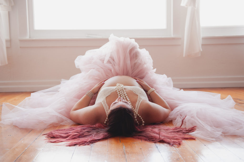 Stunning studio portraits for maternity session with ballet skirt and pearls photographed by Tacoma maternity photographer Amanda Howse