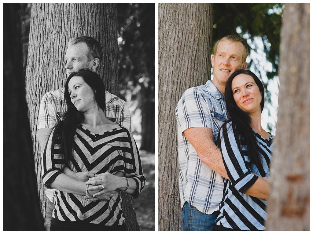 Portrait of engaged couple leaning on a tree in Aberdeen park. Photographed by Tacoma wedding photographer Amanda Howse. 