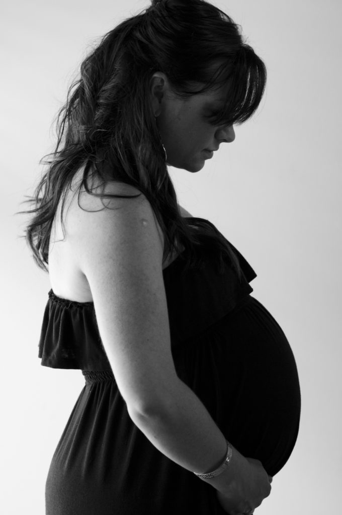 Black & White maternity portrait of mama in black strapless dress photographed by Tacoma maternity photographer Amanda Howse