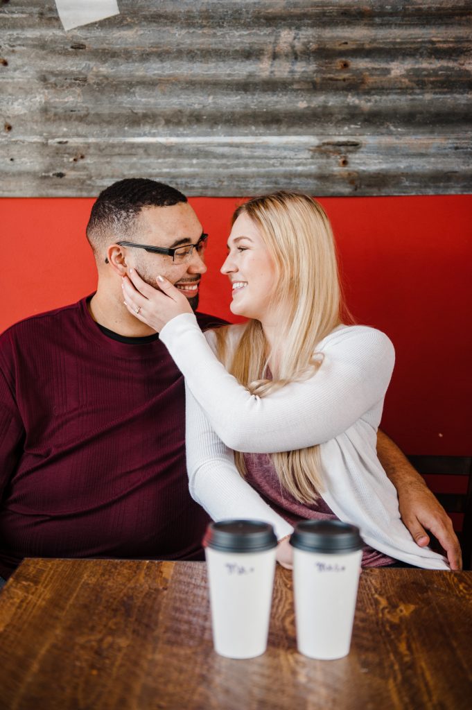Cute Engagement Photos at a Coffee Shop Photographed by Wedding Photographer Amanda Howse
