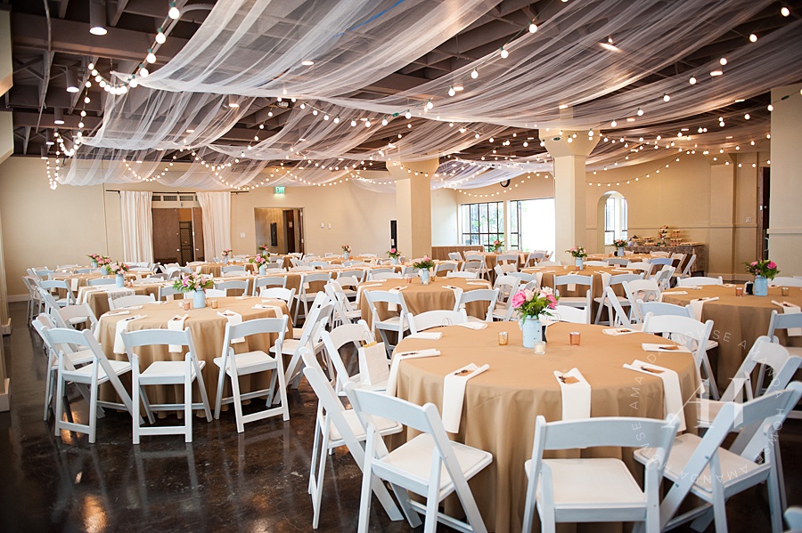 Tacoma Wedding Venue Reception at Events on 6th with Tables Set up and String Lights Photographed by Tacoma Wedding Photographer Amanda Howse