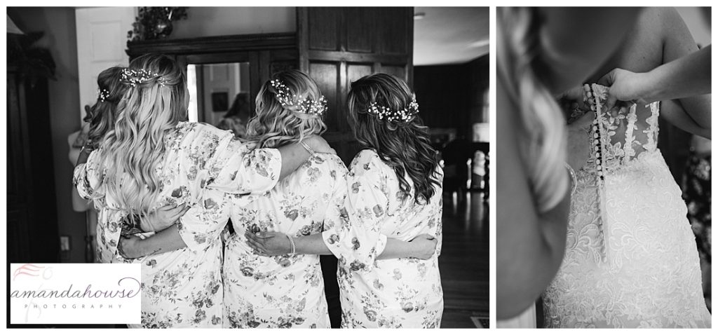 Bride and bridesmaids getting ready in floral robes photographed by Tacoma Wedding Photographer Amanda Howse