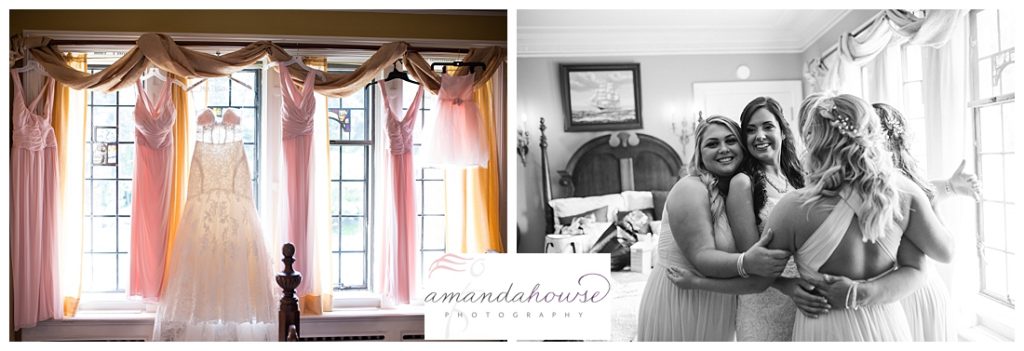 Getting ready room in Thornewood castle with natural light and personalized wedding dress hanger photographed by Tacoma Wedding Photographer Amanda Howse