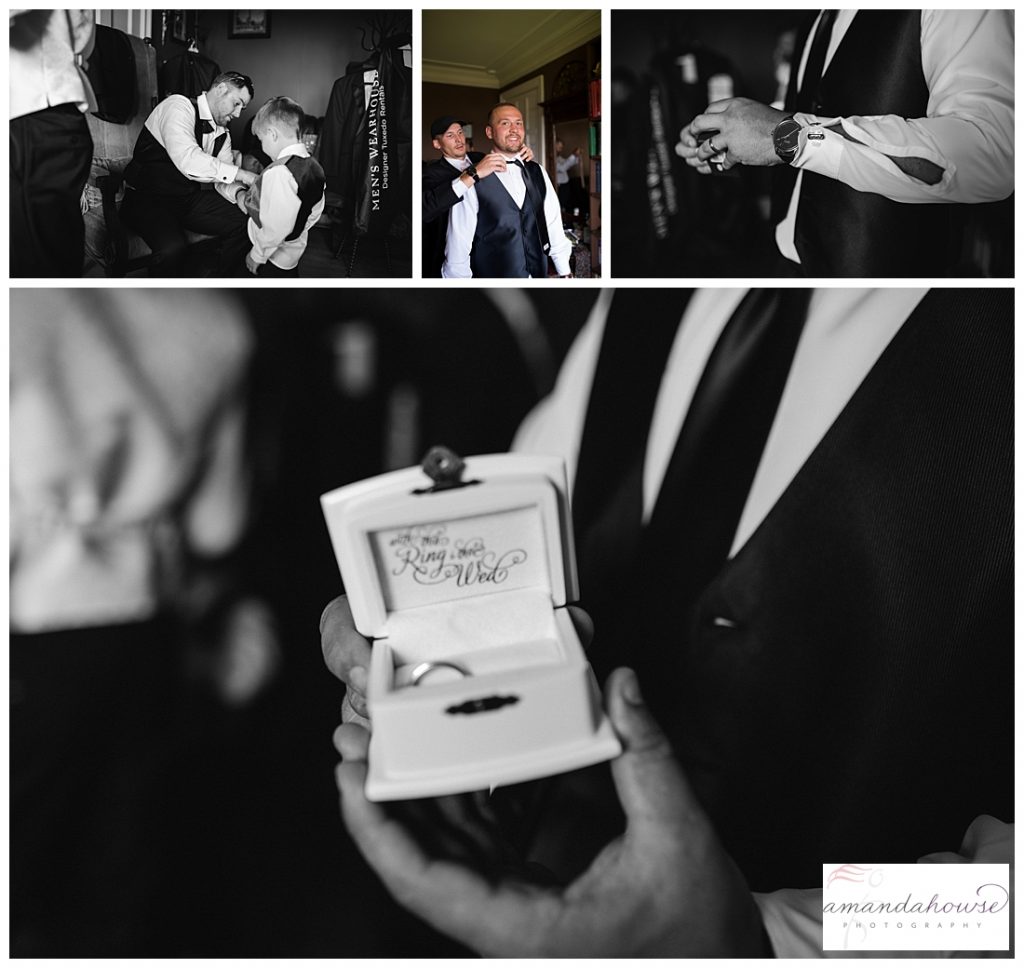 Ring box and groomsmen getting ready at Thornewood Castle photographed by Tacoma Wedding Photographer Amanda Howse