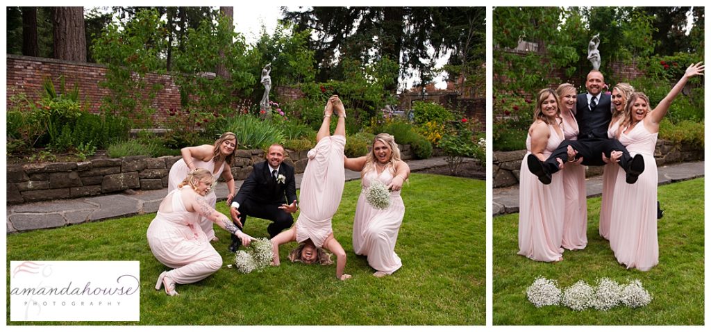 Fun and candid bridal party portraits with headstands and fun poses photographed by Tacoma Wedding Photographer Amanda Howse