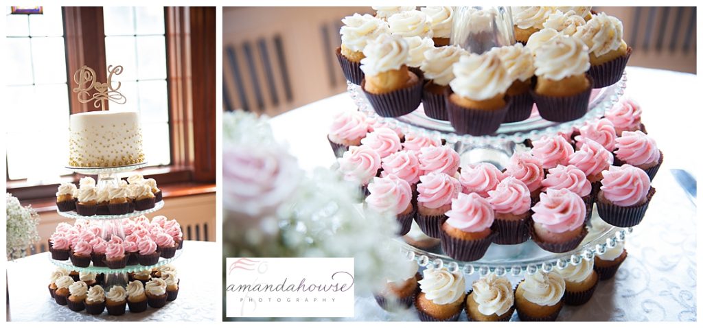 Bride and groom cutting cake with mini cupcakes for guests photographed by Tacoma Wedding Photographer Amanda Howse