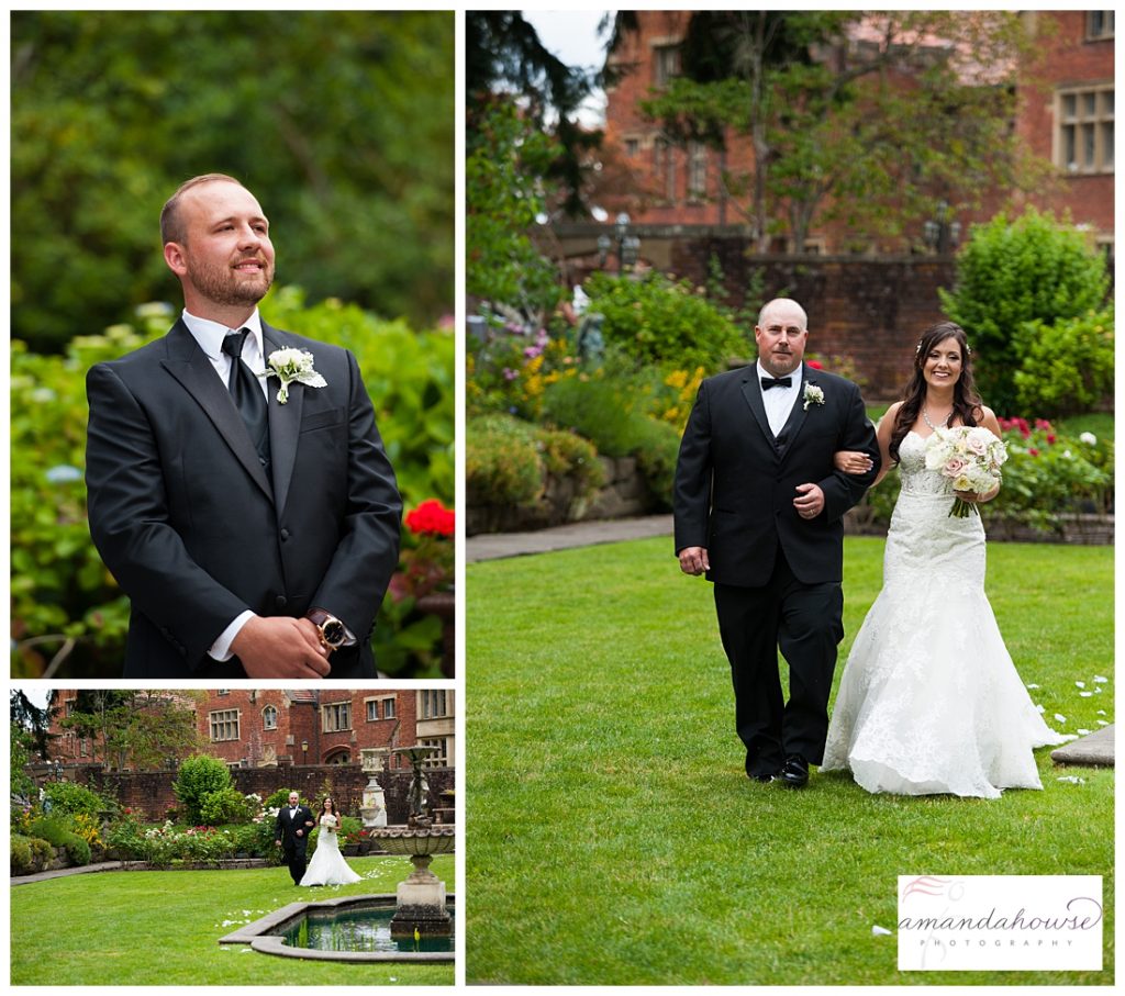 Groom reaction to seeing bride walk down the aisle photographed by Tacoma Wedding Photographer Amanda Howse