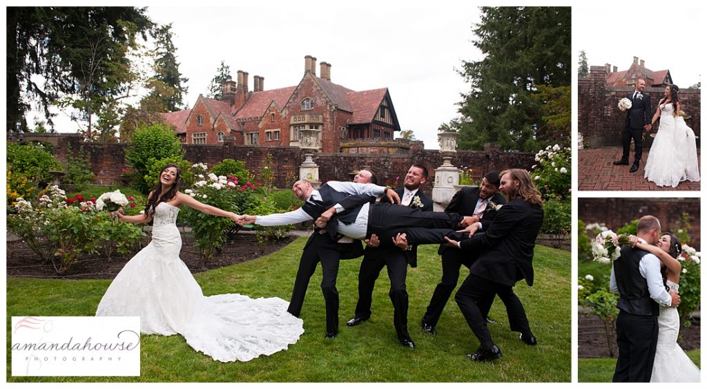 Funny bride and groomsmen portraits photographed by Tacoma Wedding Photographer Amanda Howse