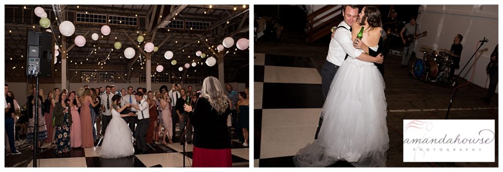 Photo of all the wedding guests on the dance floor at Transit Shed with mother of the bride singing | Photographed by Tacoma Wedding Photographer Amanda Howse