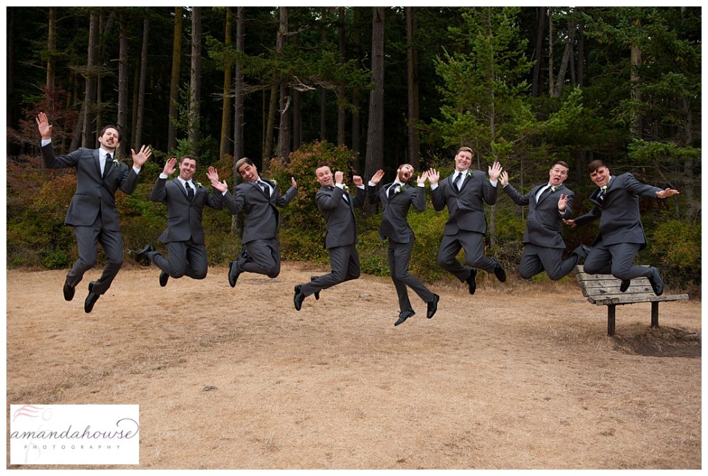 Fun wedding party portrait of groomsmen jumping in the air | Photographed by Tacoma Wedding Photographer Amanda Howse