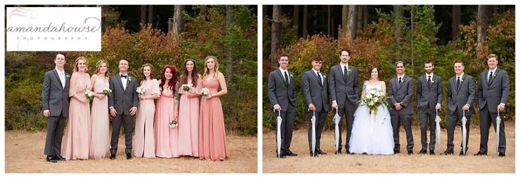 PNW wedding party with clear umbrellas and pose ideas | Photographed by Tacoma Wedding Photographer Amanda Howse