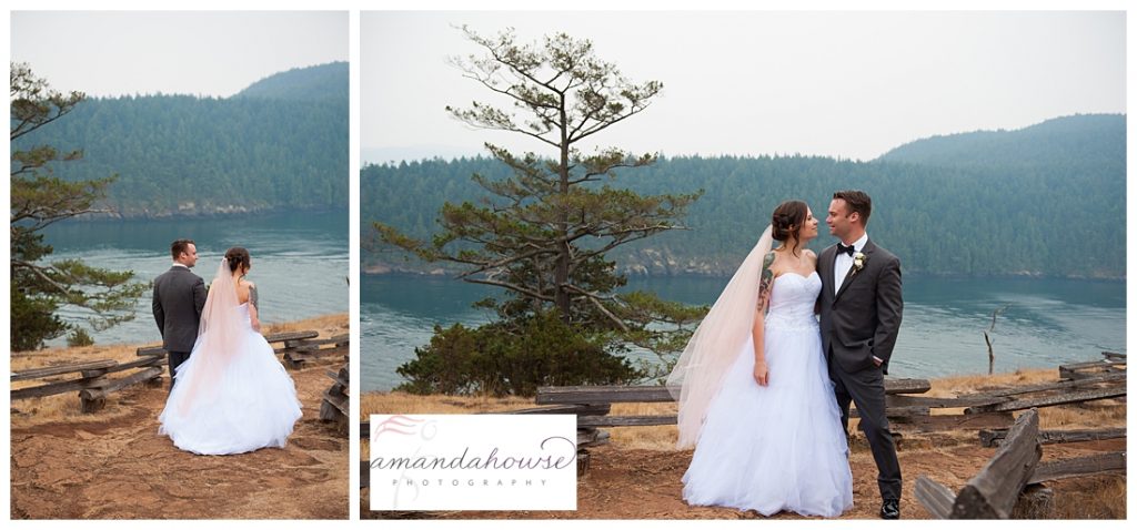 PNW bride and groom portraits looking at the water and mountains | Photographed by Tacoma Wedding Photographer Amanda Howse