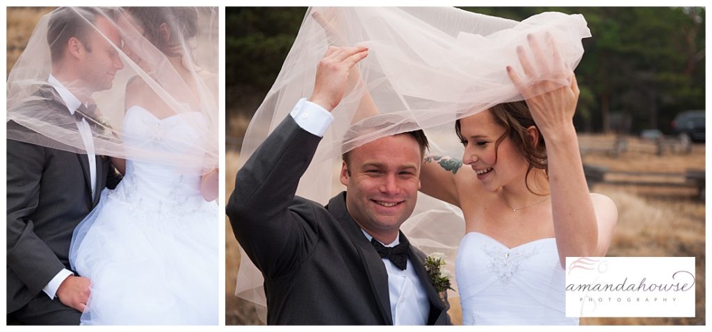 Cute bride and groom portraits under pink bridal veil | Photographed by Tacoma Wedding Photographer Amanda Howse