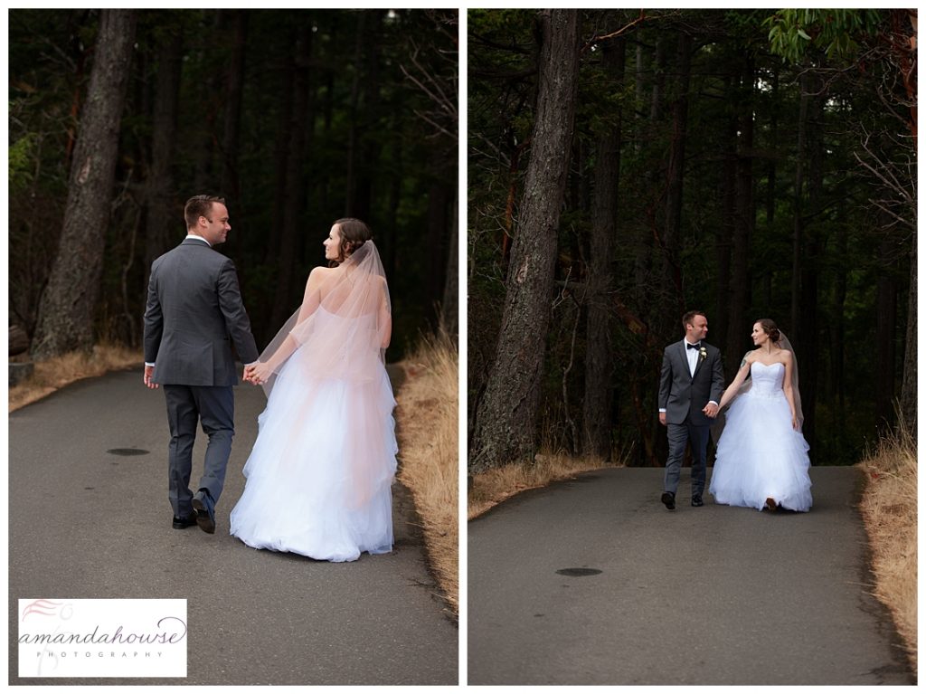 Boho bride and groom walking along WA Park Loop Trail | Photographed by Tacoma Wedding Photographer Amanda Howse