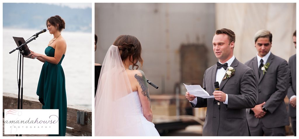 Groom reading personal vows to bride during intimate wedding ceremony by the water | Photographed by Tacoma Wedding Photographer Amanda Howse