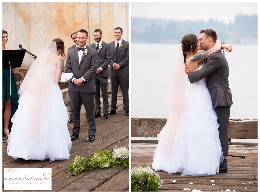 Bride & Groom share first kiss after Anacortes wedding ceremony | Photographed by Tacoma Wedding Photographer Amanda Howse