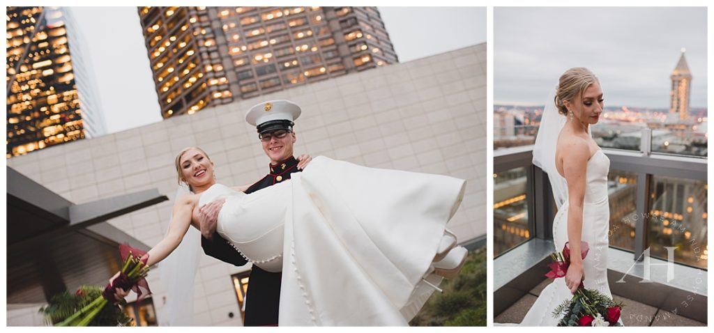 Rooftop Bride & Groom Portraits with Groom Carrying Bride | Intimate Courthouse Elopement with Modern Style photographed by Amanda Howse