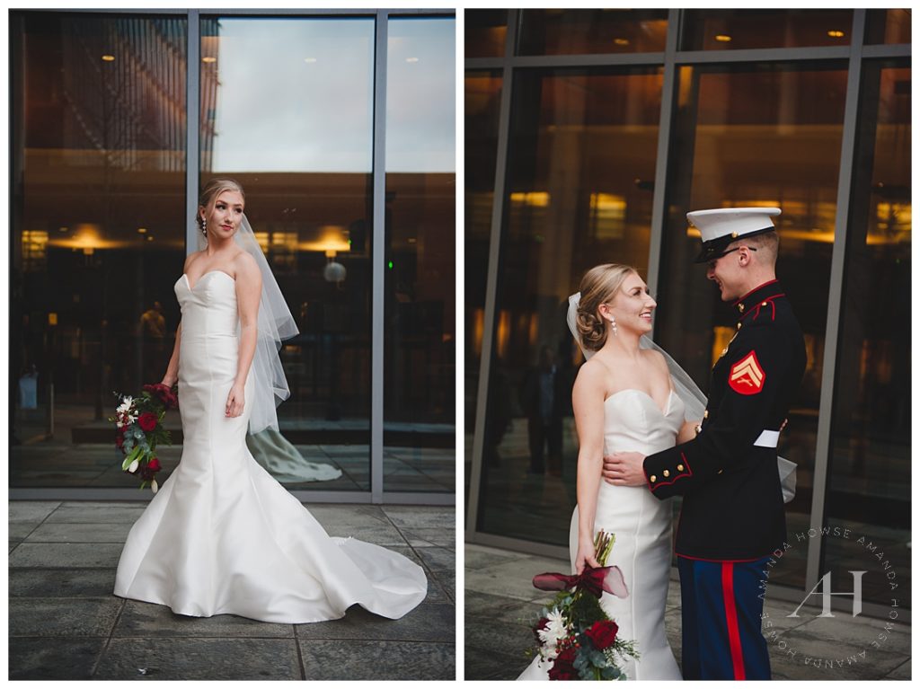 Bridal Portrait side by side with Bride & Groom Portrait in front of King County Courthouse | Photographed by Tacoma Wedding Photographer Amanda Howse