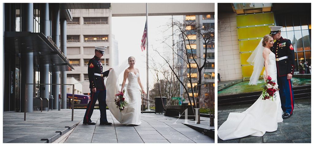 Bride and Groom Portraits on Seattle City Streets Photographed by Tacoma Wedding Photographer Amanda Howse 