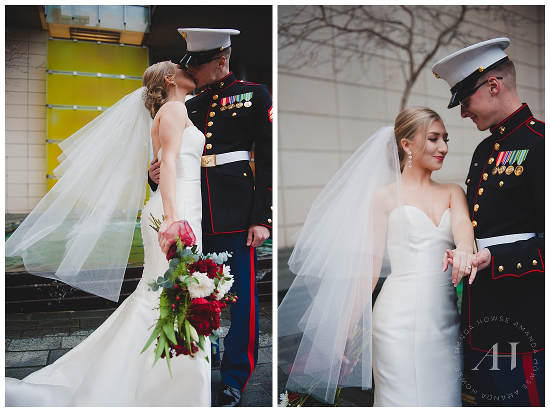 New Year's Eve Courthouse Wedding in Seattle Photographed by Tacoma Wedding Photographer Amanda Howse | Bride and Groom Portraits with Groom in Marine Uniform