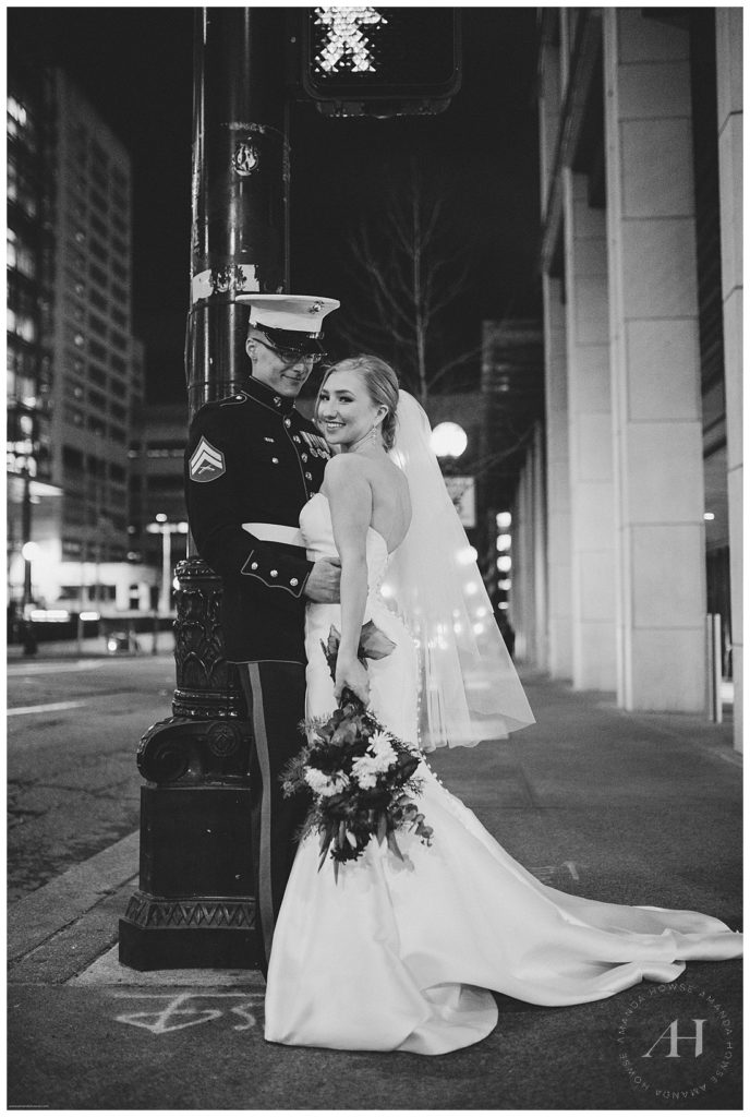 Black and White Portrait of Bride in Modern Strapless Gown and Groom in Marine Uniform | Courthouse Elopement Photographed by Tacoma Senior Photographer Amanda Howse