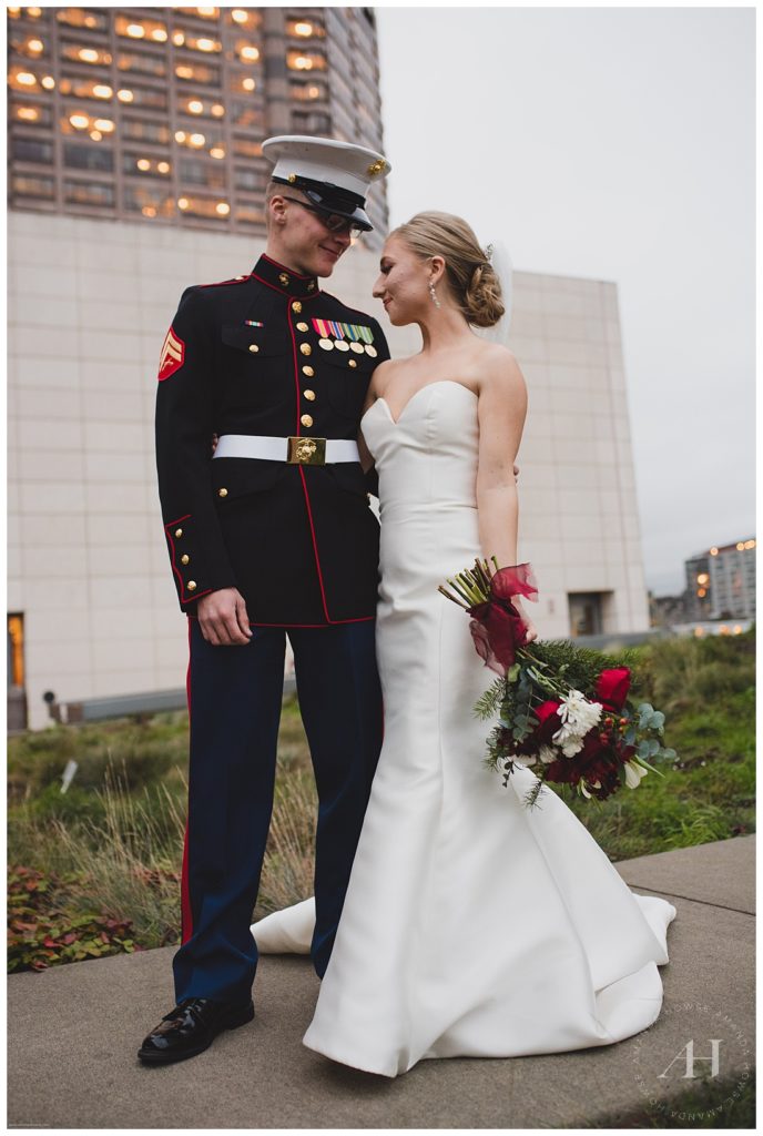 Bride & Groom Portrait with Bouquet in Front of Seattle Courthouse | Photographed by Tacoma Wedding Photographer Amanda Howse