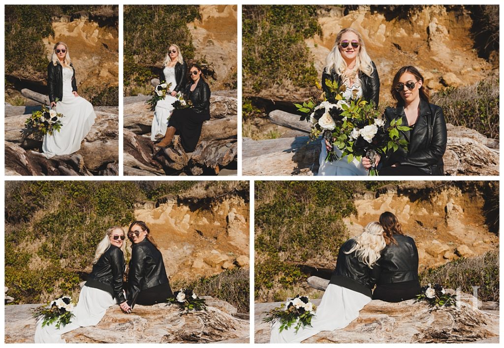 Edgy Bride and Maid of Honor Portraits with Matching Leather Jackets | Photographed by Tacoma Wedding Photographer Amanda Howse