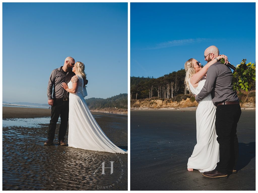 Beachy Elopement Portraits of Bride and Groom near the Water | Photographed by Tacoma Wedding Photographer Amanda Howse