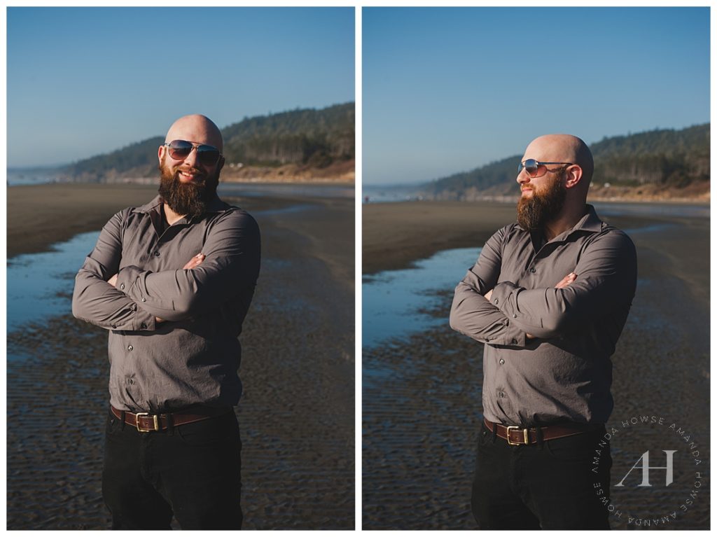 Groom Portraits on the Beach with Aviator Sunglasses | Photographed by Tacoma Wedding Photographer Amanda Howse