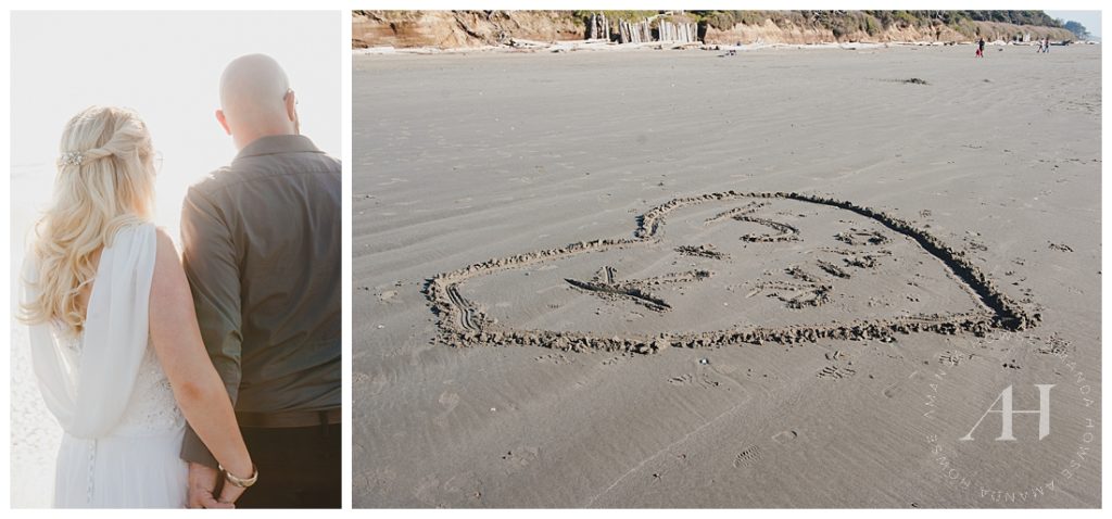 Beach Elopement with Initials and Wedding Date Written in the Sand | Photographed by Tacoma Wedding Photographer Amanda Howse