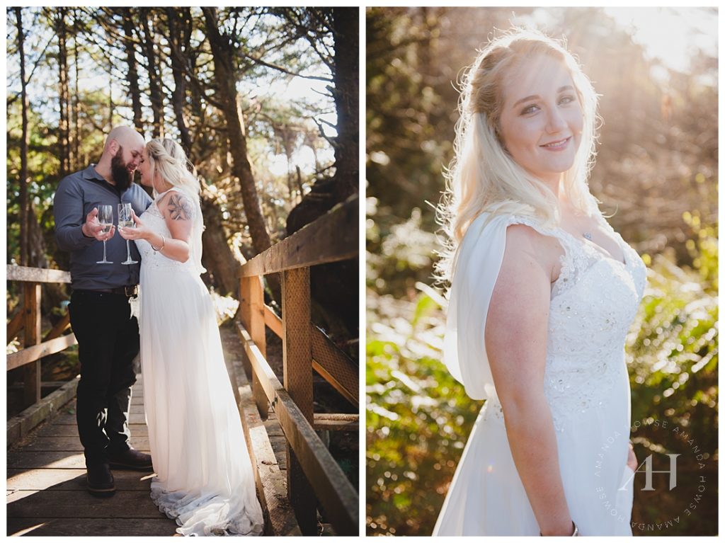 Ruby Beach Forest Portraits on a Bridge with Boho Bride and Groom | Photographed by Tacoma Wedding Photographer Amanda Howse