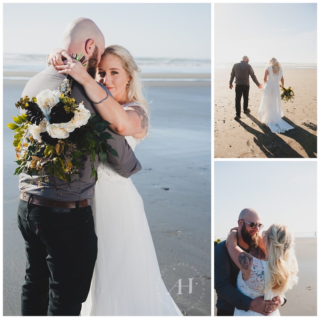 Golden Hour Bride and Groom Portraits on the Beach | Photographed by Tacoma Wedding Photographer Amanda Howse