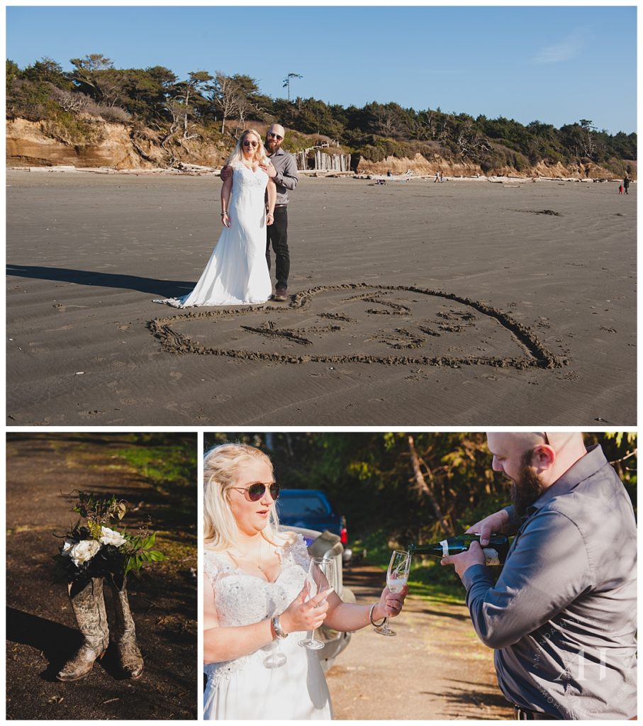 Washington Elopement Portraits with Champagne and Beach Fun | Photographed by Tacoma Wedding Photographer Amanda Howse
