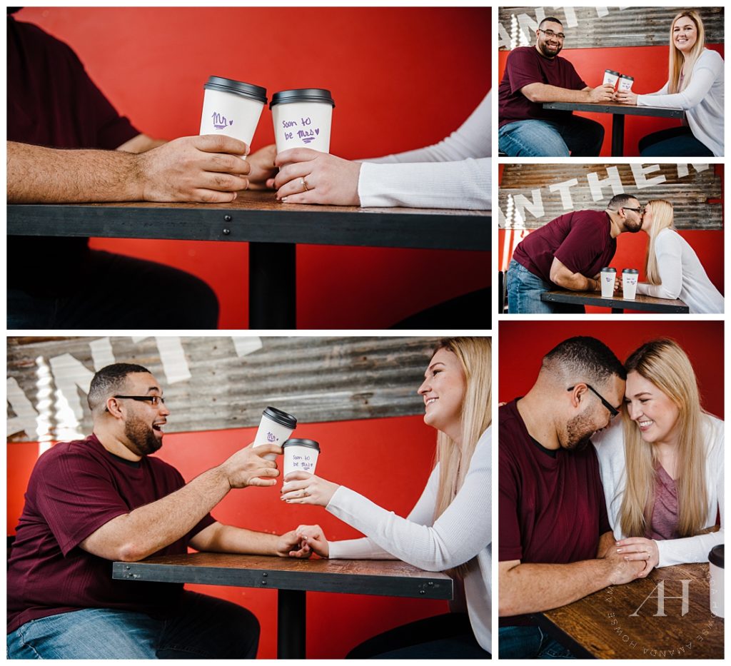 Engaged Couple Sharing Lattes | Coffee Shop Portrait Session | Amanda Howse Photography