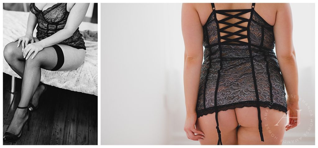 What to Wear to a Boudoir Session | Lace Corset and Fishnet Stockings with Classic Black Heels | Photographed by Tacoma Photographer Amanda Howse