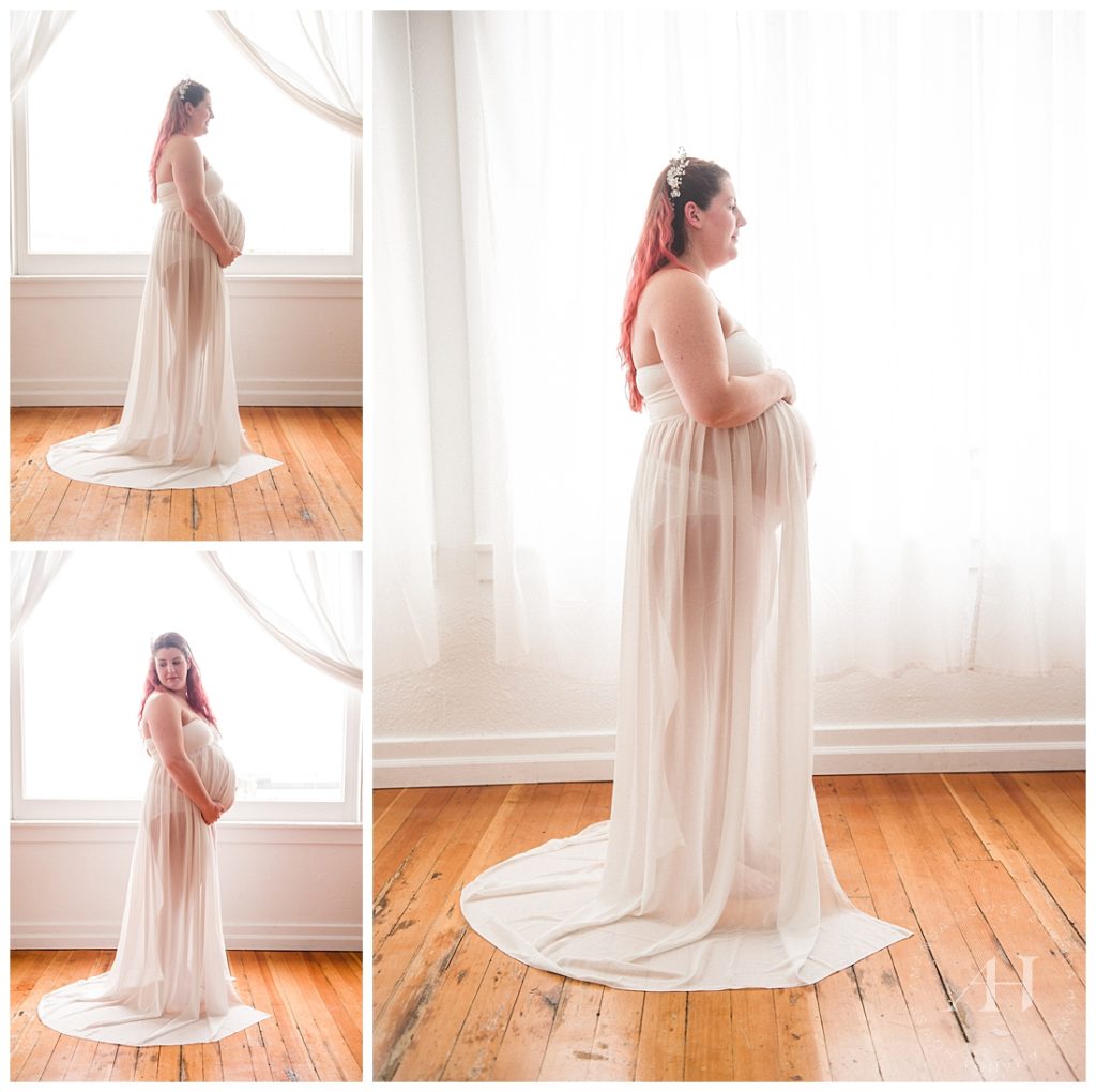 Studio Portraits with Natural Light | Maternity Portrait Outfits with Sheer Dress and Lingerie | Photographed by Tacoma Photographer Amanda Howse