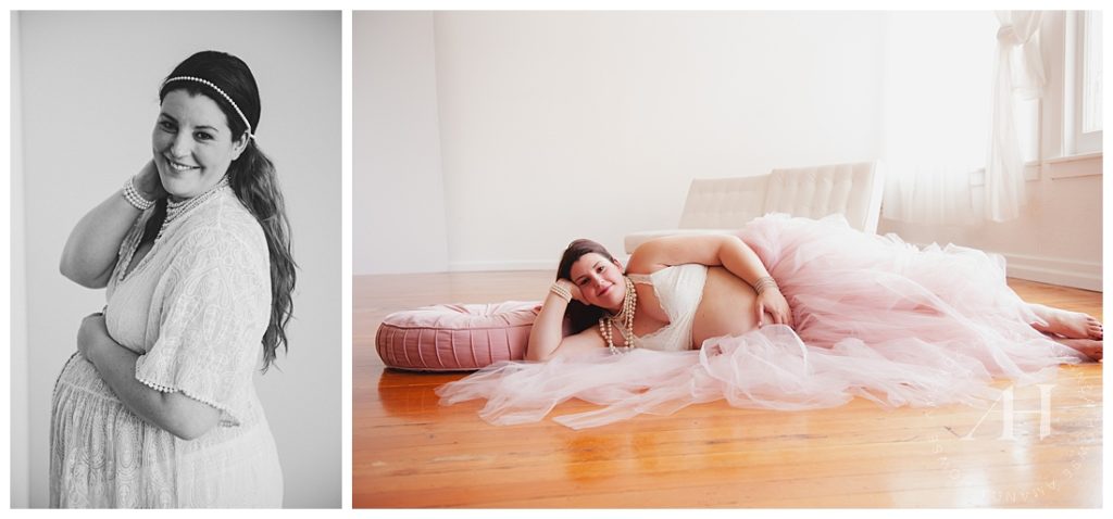 Natural Poses for Maternity Portraits | Indoor Session at Studio 253 with Feminine Outfit Ideas | Photographed by Tacoma Photographer Amanda Howse