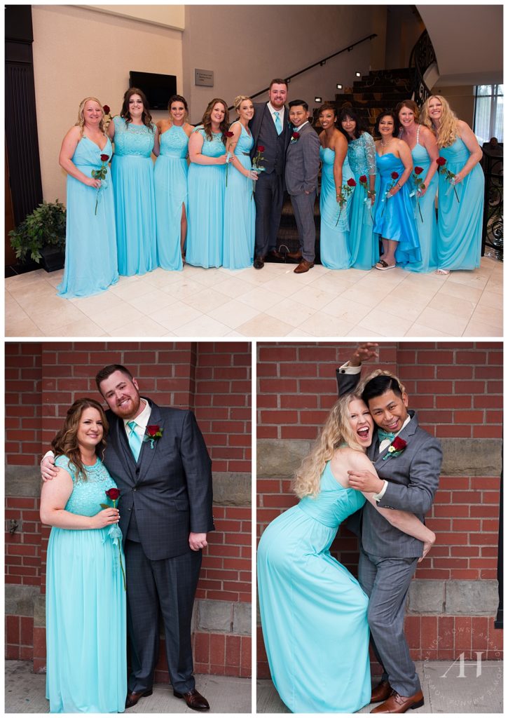 Blue Bridesmaids Dresses | How to Style Bridesmaids, Tacoma Museum of Glass Wedding Inspiration, Groom Style, Gay Wedding, Same-Sex Marriage | Photographed by Tacoma Wedding Photographer Amanda Howse