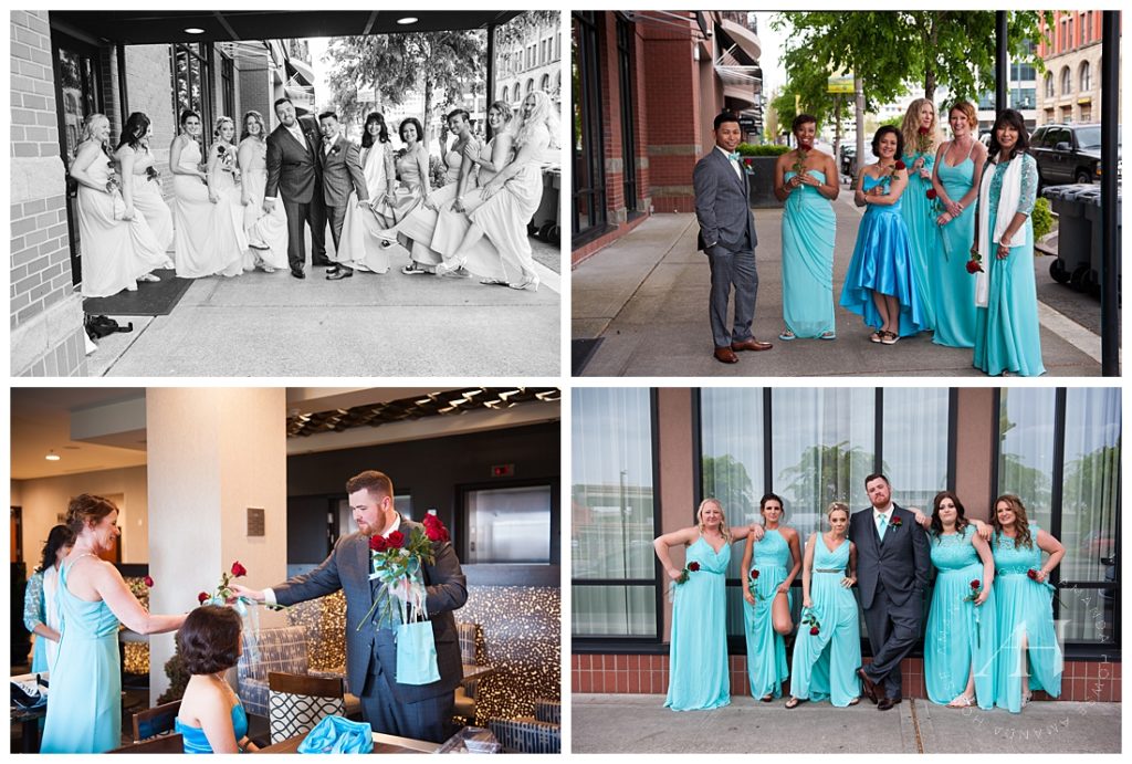 Wedding Party Portraits at the Museum of Glass | Aqua Blue and Grey Wedding Colors, Modern Wedding, Fun Wedding Party, Candid Portraits | Tacoma Wedding Photographer Amanda Howse