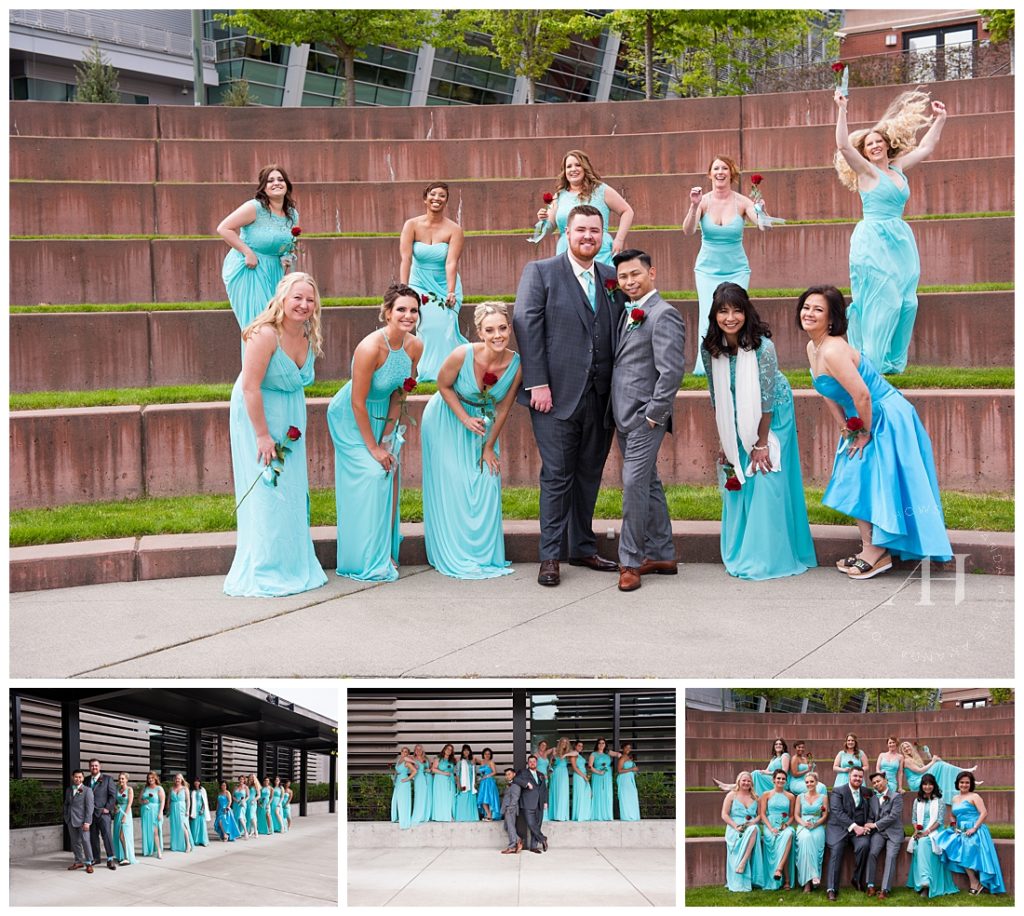 Fun Groom Portraits with Bridesmaids in Matching Dresses | Gay Wedding at the Tacoma Museum of Glass | Photographed by Tacoma Wedding Photographer Amanda Howse