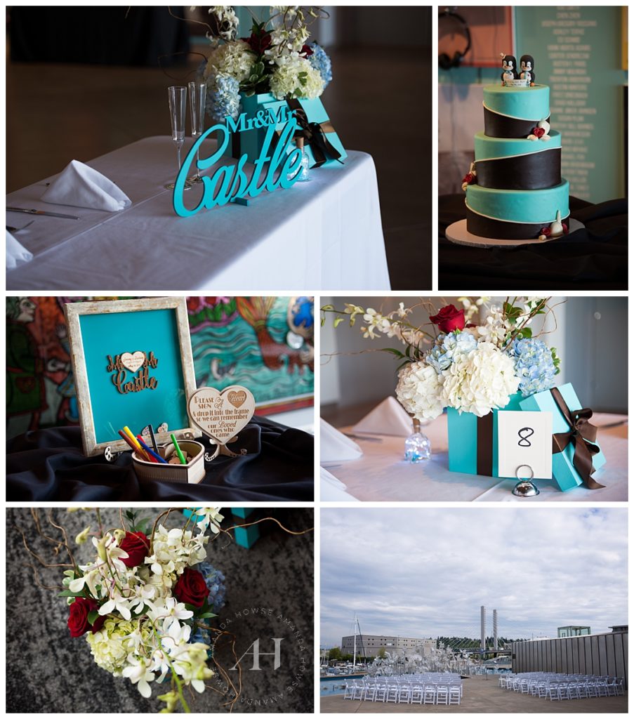 Aqua Blue Wedding Decor | Colorful Cake for Gay Wedding at the Tacoma Museum of Glass | Tacoma Best Wedding Photographer Amanda Howse 