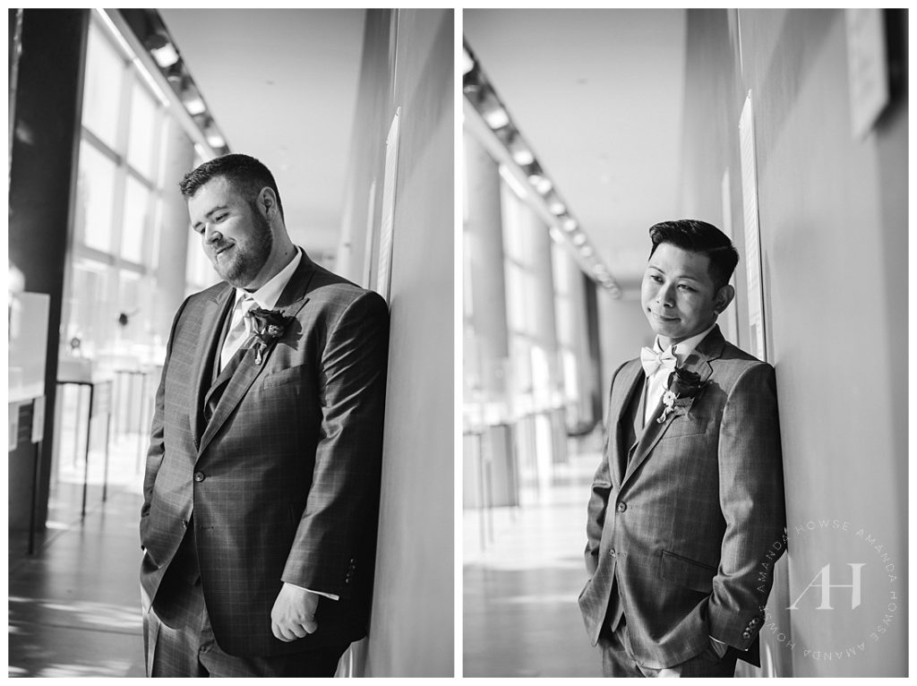 Black and White Groom Portraits | Modern Museum of Glass Portraits | Photographed by Amanda Howse Photography