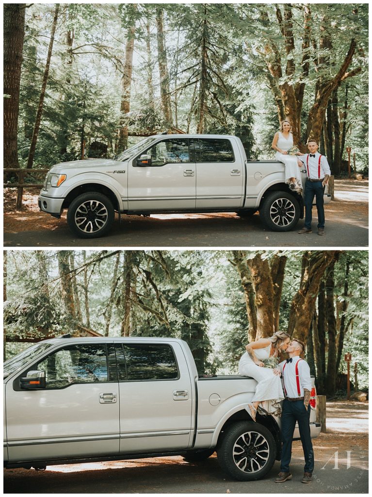 Bride and Groom Portraits with a Ford Pickup Truck | Pose Ideas for Bride and Groom, Outdoor Wedding in a Park, Intimate Olympia Summer Wedding, Micro Weddings | Photographed by Tacoma's Best Wedding Photographer Amanda Howse