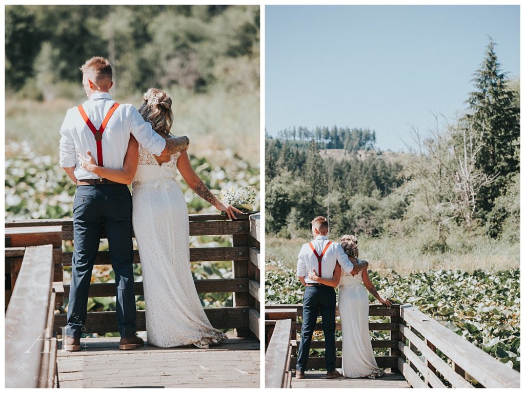 Sweet Portraits of Bride and Groom Looking out over the Water | Inspiration for Small Wedding, How to Have a Small Wedding and Reception, Cute Wedding Ideas | Photographed by Tacoma's Best Wedding Photographer Amanda Howse