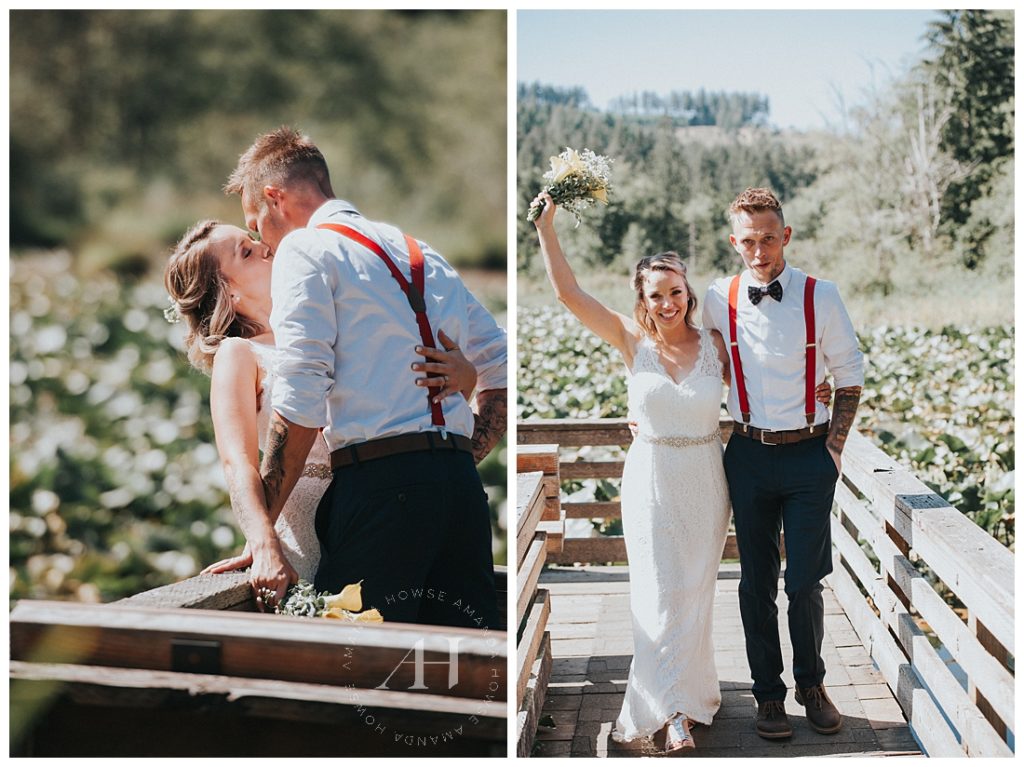 Intimate Backyard Summer Wedding | Bride and Groom Portraits with Candid Poses, Groom Kissing Bride, Bride Holding Bouquet | Photographed by Tacoma's Best Wedding Photographer Amanda Howse