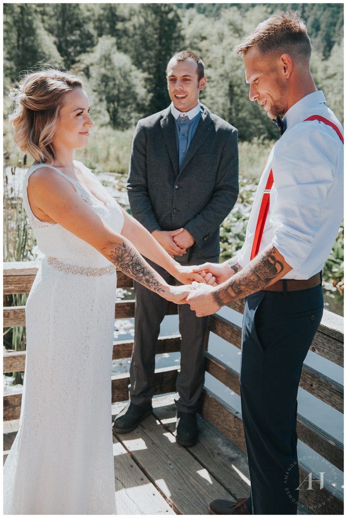 Bride and Groom Exchanging Vows | Having a Family Member Officiate Your Wedding, How to Have a Small Wedding, Intimate Backyard Wedding Inspiration | Photographed by Tacoma's Best Wedding Photographer Amanda Howse