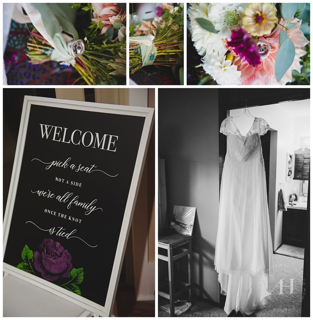 Wedding Details for Intimate Backyard Ceremony in Vancouver | Bridal Dress Portrait, Welcome Sign for Backyard wedding, Flowers for small wedding | Photographed by the Best Tacoma Wedding Photographer Amanda Howse
