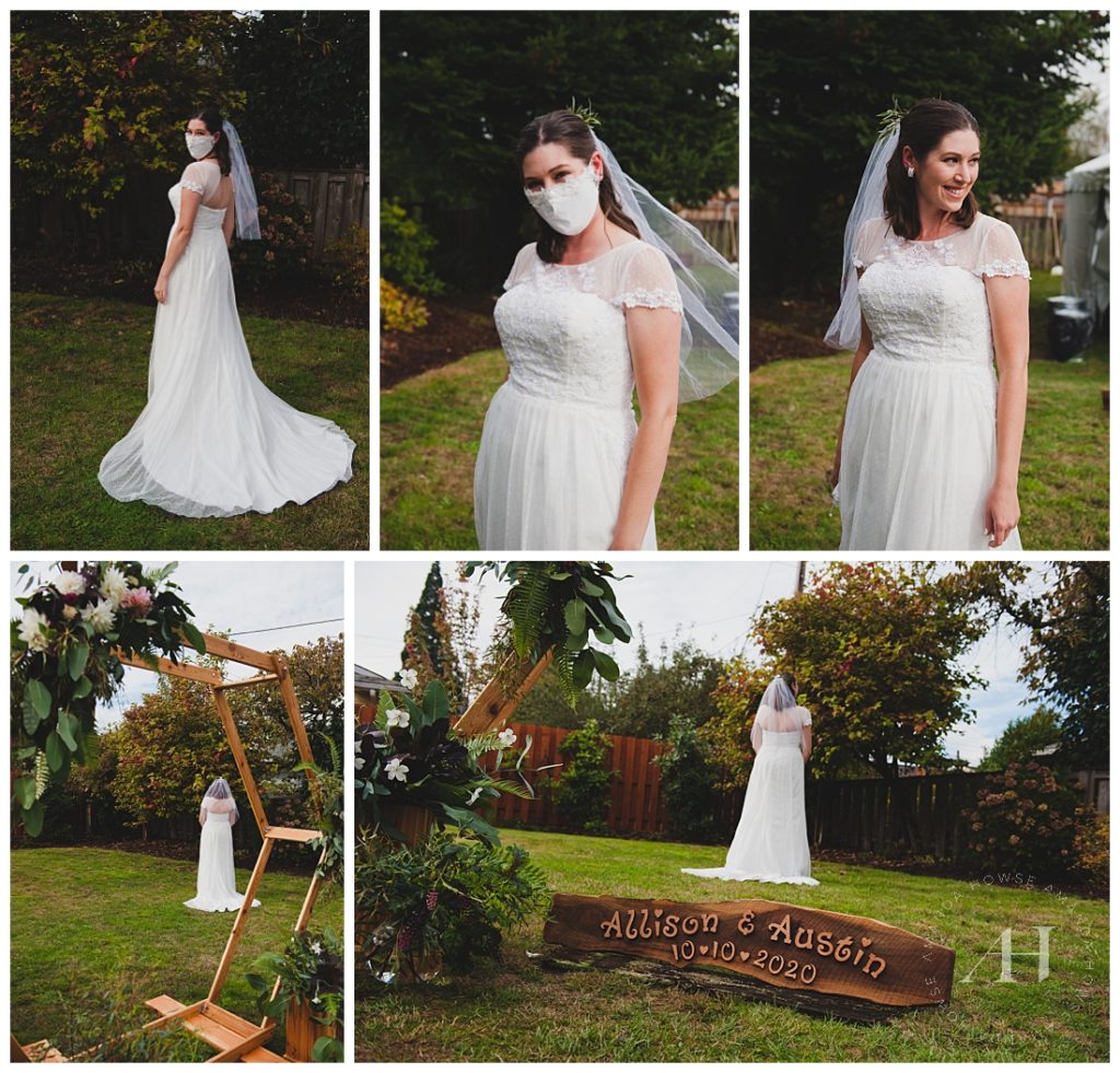 Bridal Portraits | How to Style a Mask for Your Wedding Day, Lace Wedding Dress, Wedding Dress for Backyard Wedding | Photographed by the Best Tacoma Wedding Photographer Amanda Howse