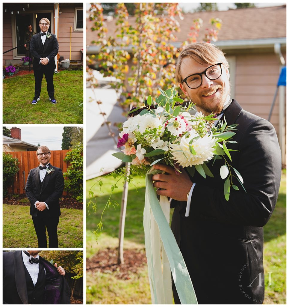 Groom Holding Brides Bouquet | Fun Groom Portraits, Groom Portraits for Backyard Wedding | Photographed by the Best Tacoma Wedding Photographer Amanda Howse