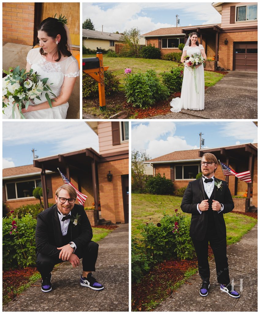 Bride and Groom Individual Portraits | How to incorporate your own style into your wedding day outfits, Nikes for grooms, Lace wedding dress | Photographed by the Best Tacoma Wedding Photographer Amanda Howse